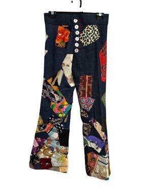 Vintage Handmade XSmall Patchwork Denim Bell Bottom Pants Button Fly Bohemian